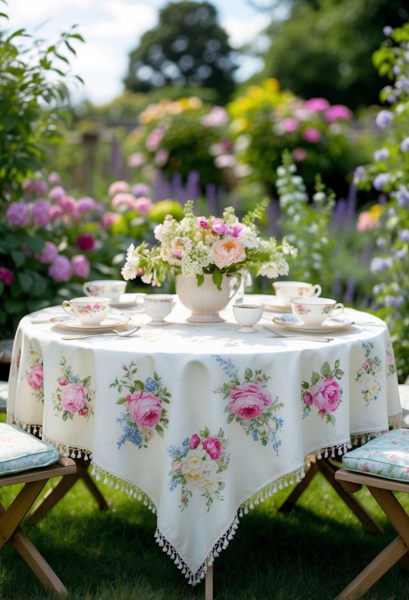 A garden table set with vintage floral tablecloths, adorned with delicate teacups, and surrounded by blooming flowers and greenery
