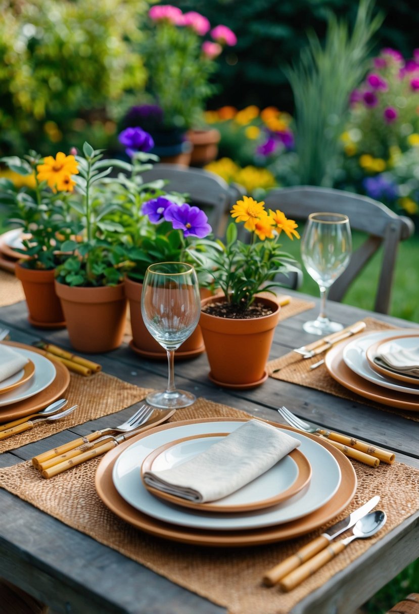A garden table set with bamboo cutlery, plates, and napkins, surrounded by potted plants and colorful flowers