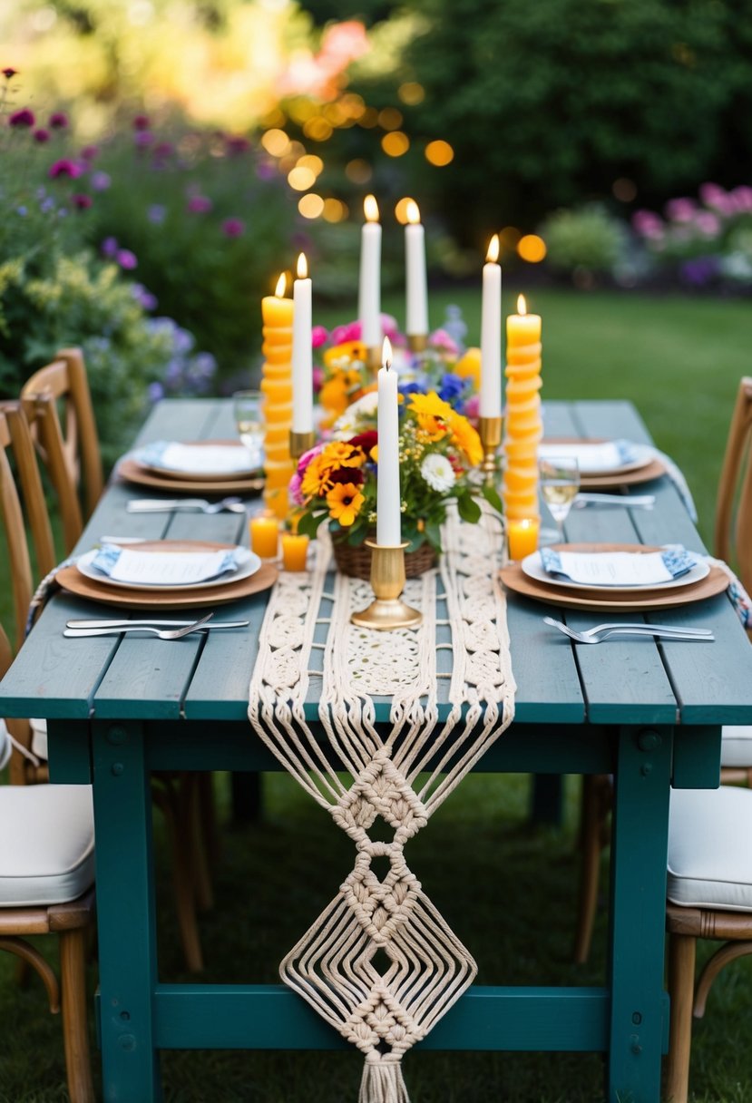 A garden table adorned with a macramé table runner, surrounded by colorful flowers and flickering candles