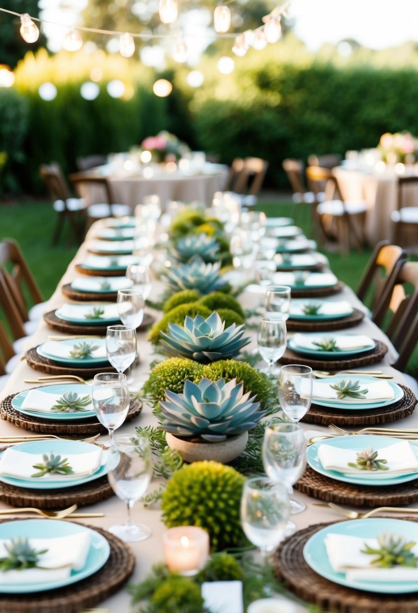 A garden party table adorned with succulent centerpieces and elegant place settings