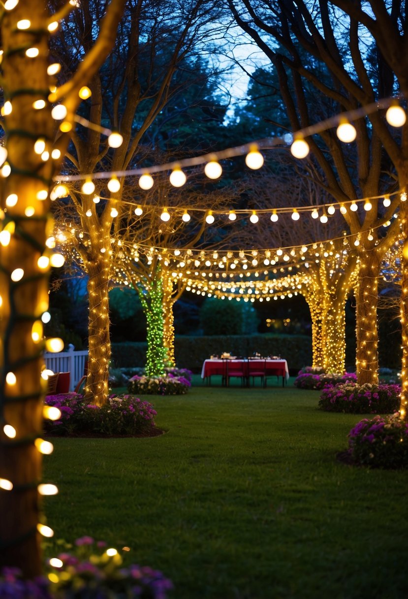 A garden filled with colorful string lights draped over trees, creating a warm and festive atmosphere for a Christmas party