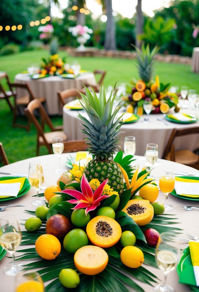 A round table adorned with vibrant tropical fruits and foliage, creating a colorful and lush garden party centerpiece