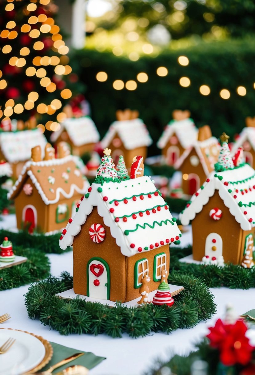 A whimsical garden party with gingerbread house stations and festive Christmas decorations