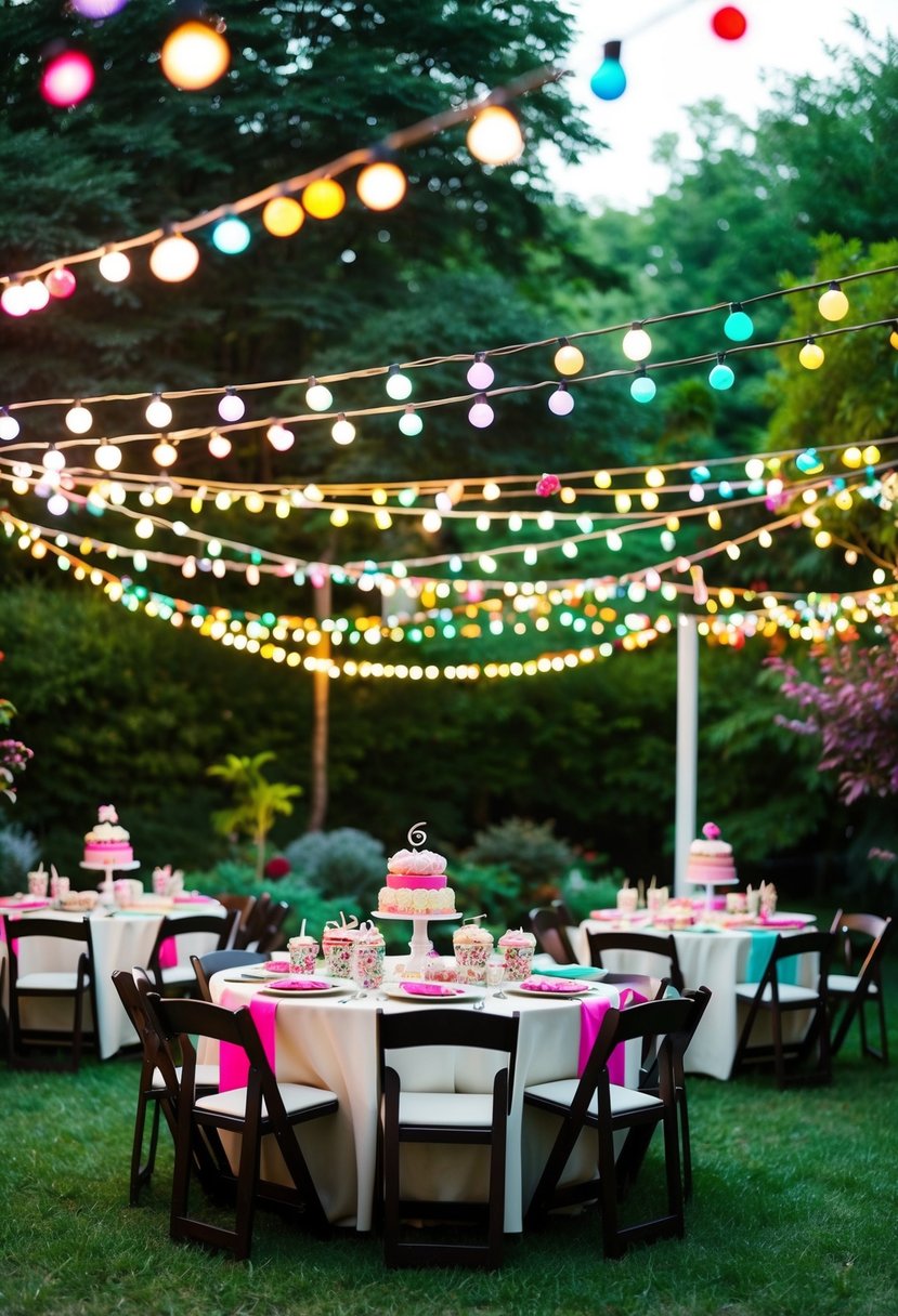 A garden adorned with colorful string lights, tables set with sweet treats, and a festive atmosphere for a sweet 16 celebration