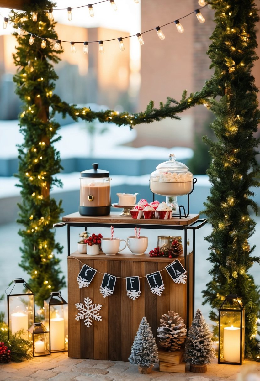 A cozy outdoor setting with a festive hot cocoa bar, surrounded by twinkling lights, garland, and Christmas decorations