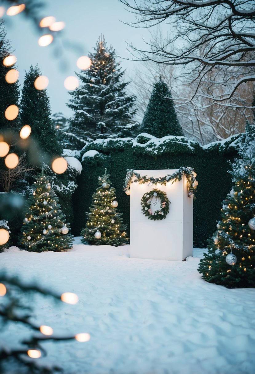 A snow-covered garden with twinkling lights, pine trees, and a festive photo booth adorned with garlands and ornaments