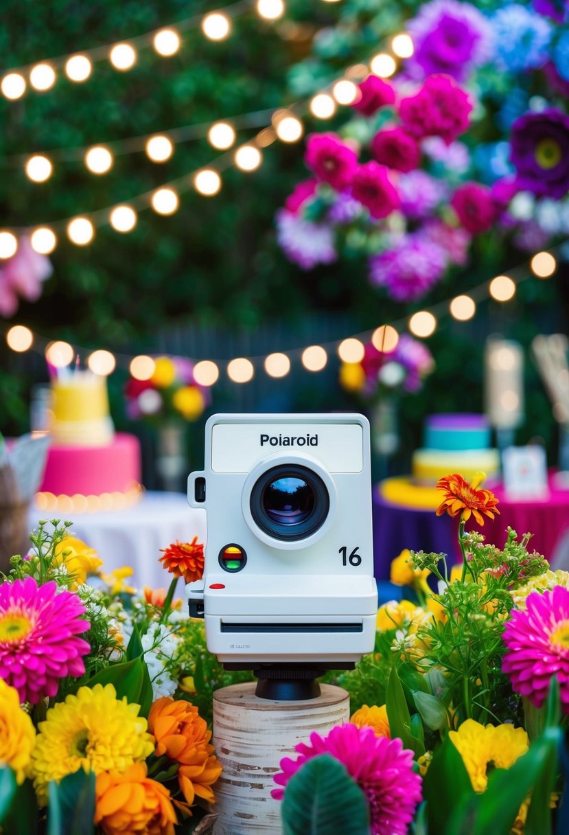 A colorful garden party with a Polaroid photo booth, surrounded by twinkling lights and vibrant flowers, creating a festive atmosphere for a sweet 16 celebration