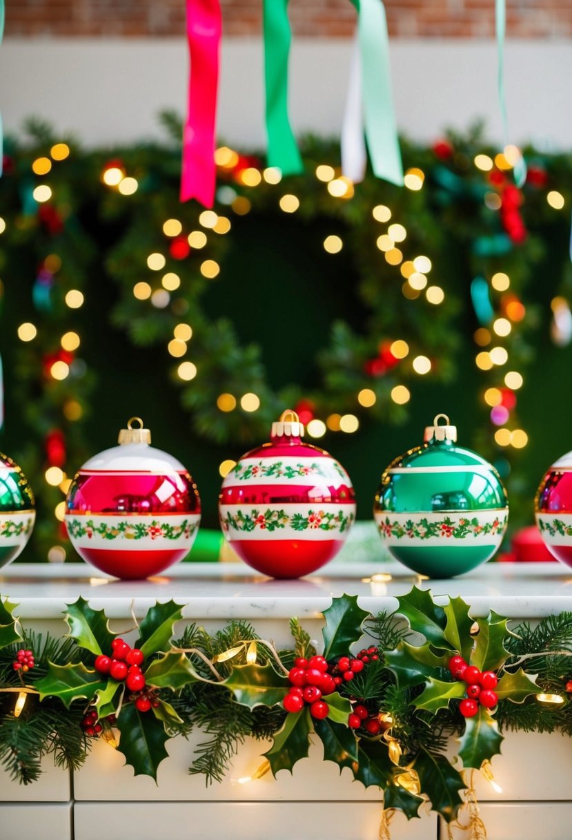 A festive ornament decorating counter with a garden party theme, adorned with twinkling lights, holly, and colorful ribbons