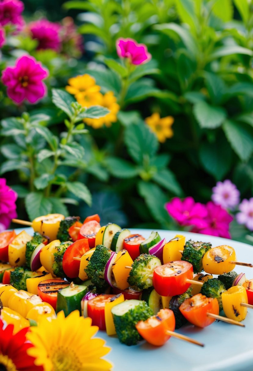A table spread with colorful grilled veggie skewers, surrounded by vibrant garden foliage and blooming flowers