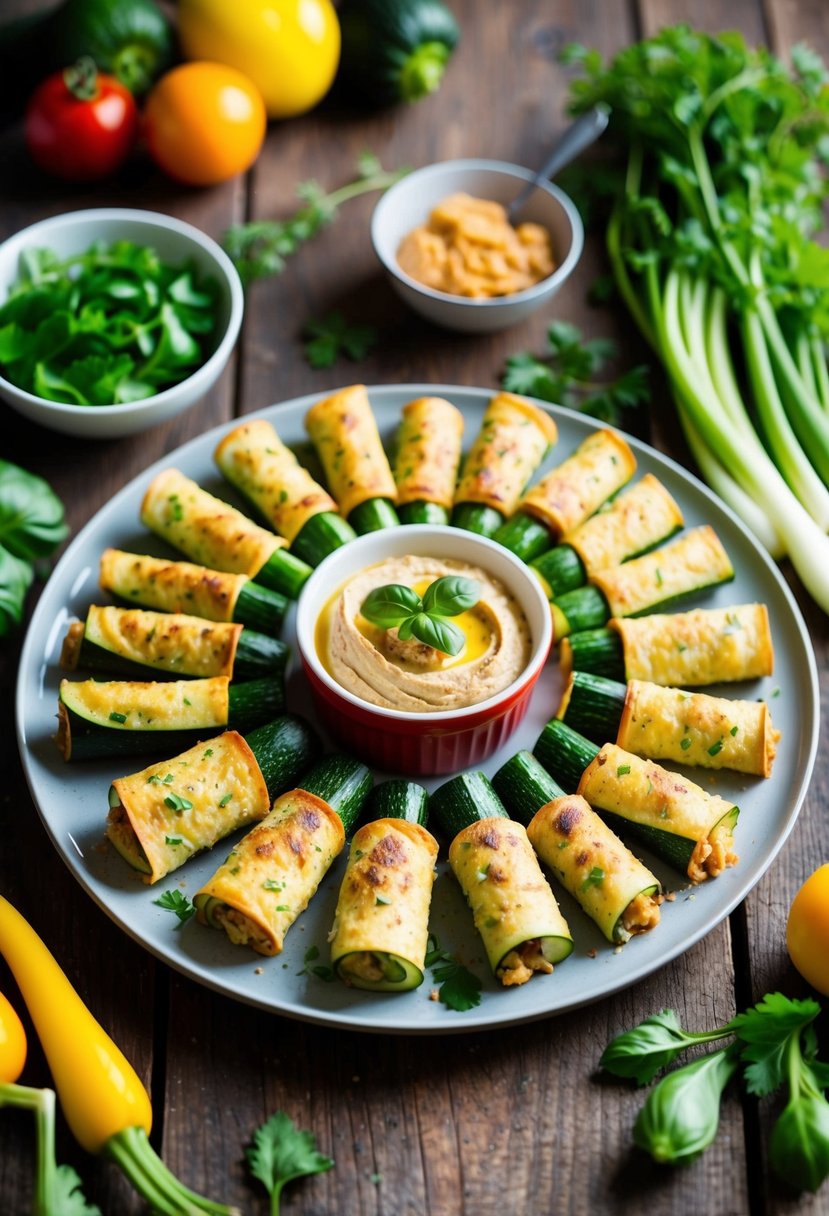 A vibrant platter of zucchini roll-ups and hummus surrounded by an assortment of fresh garden vegetables, set on a rustic wooden table