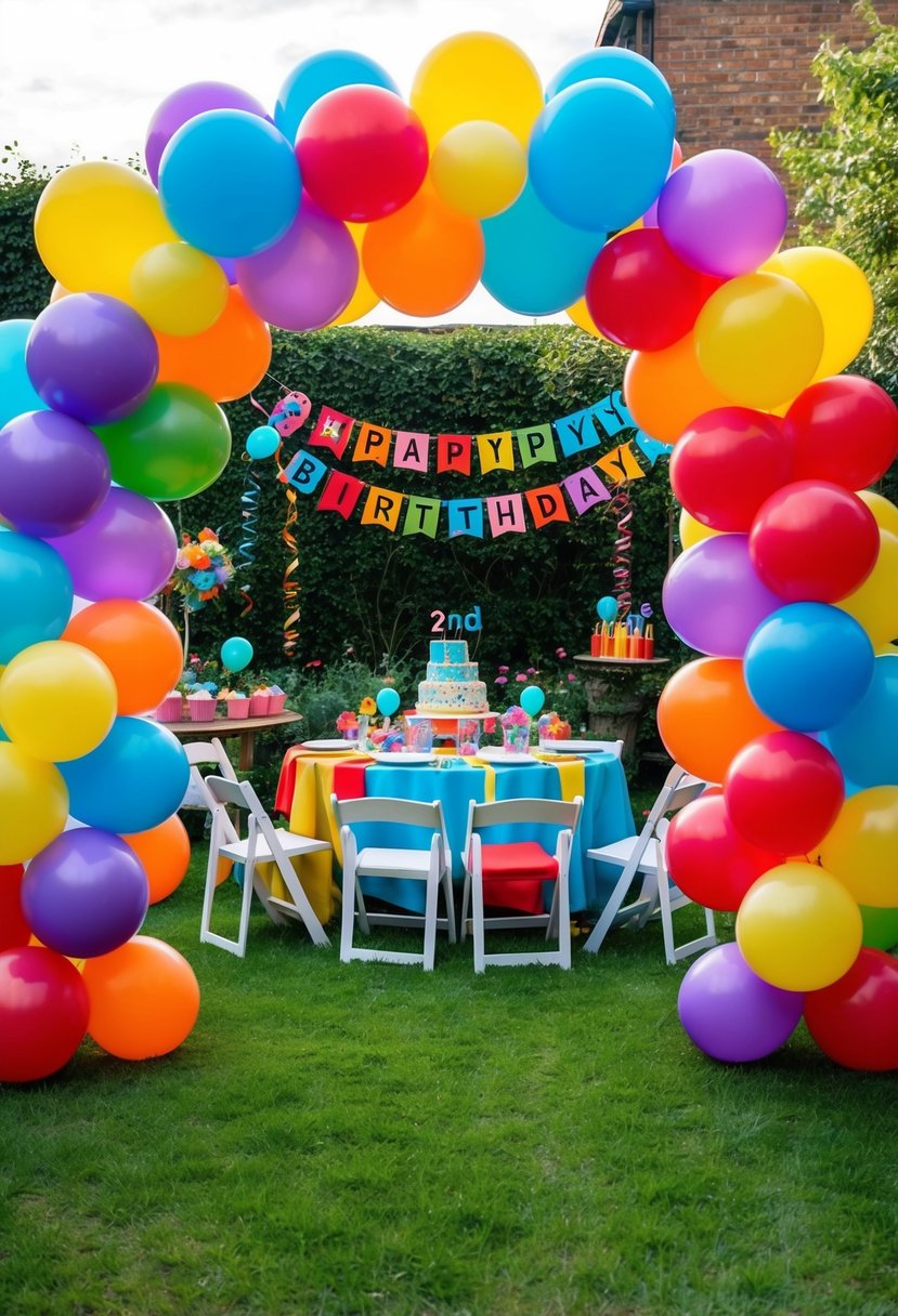 A colorful balloon arch frames a garden party with festive decor for a 2nd birthday celebration