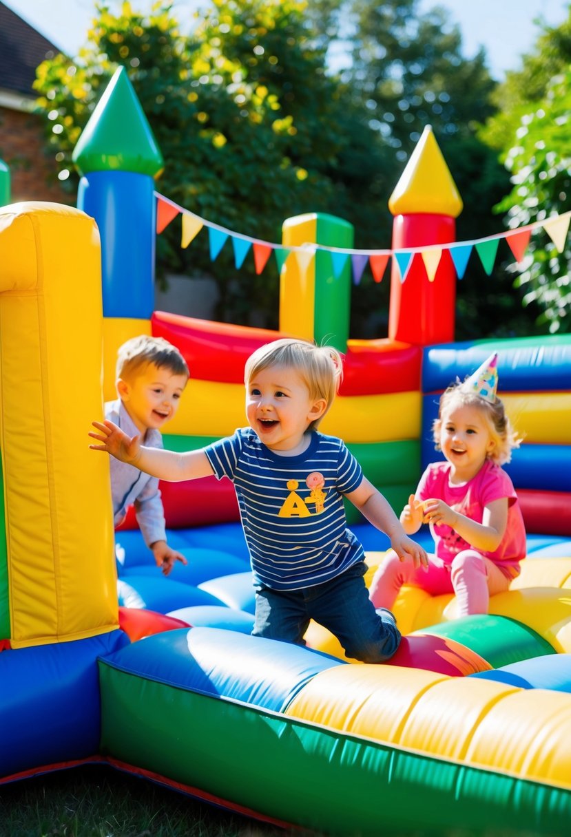 Children playing in a colorful bouncy castle at a sunny garden party for a 2nd birthday celebration