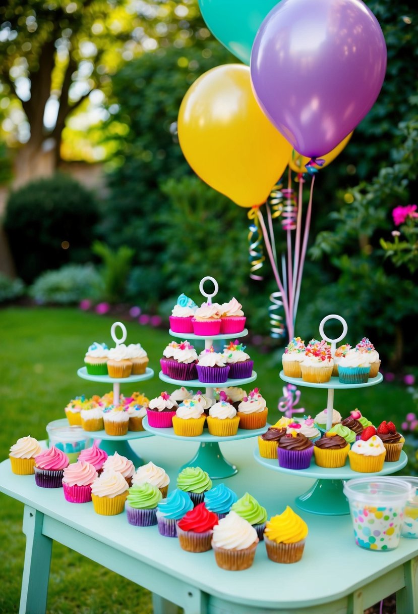 A colorful cupcake decorating station set up in a garden, with an array of toppings and frosting, surrounded by festive balloons and greenery
