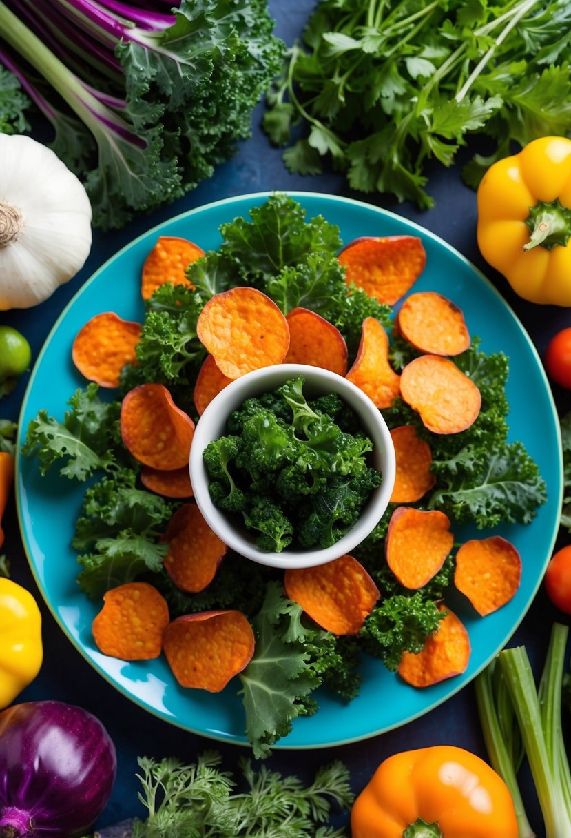 A vibrant garden party platter featuring kale and sweet potato chips, surrounded by a colorful array of fresh vegetables and herbs