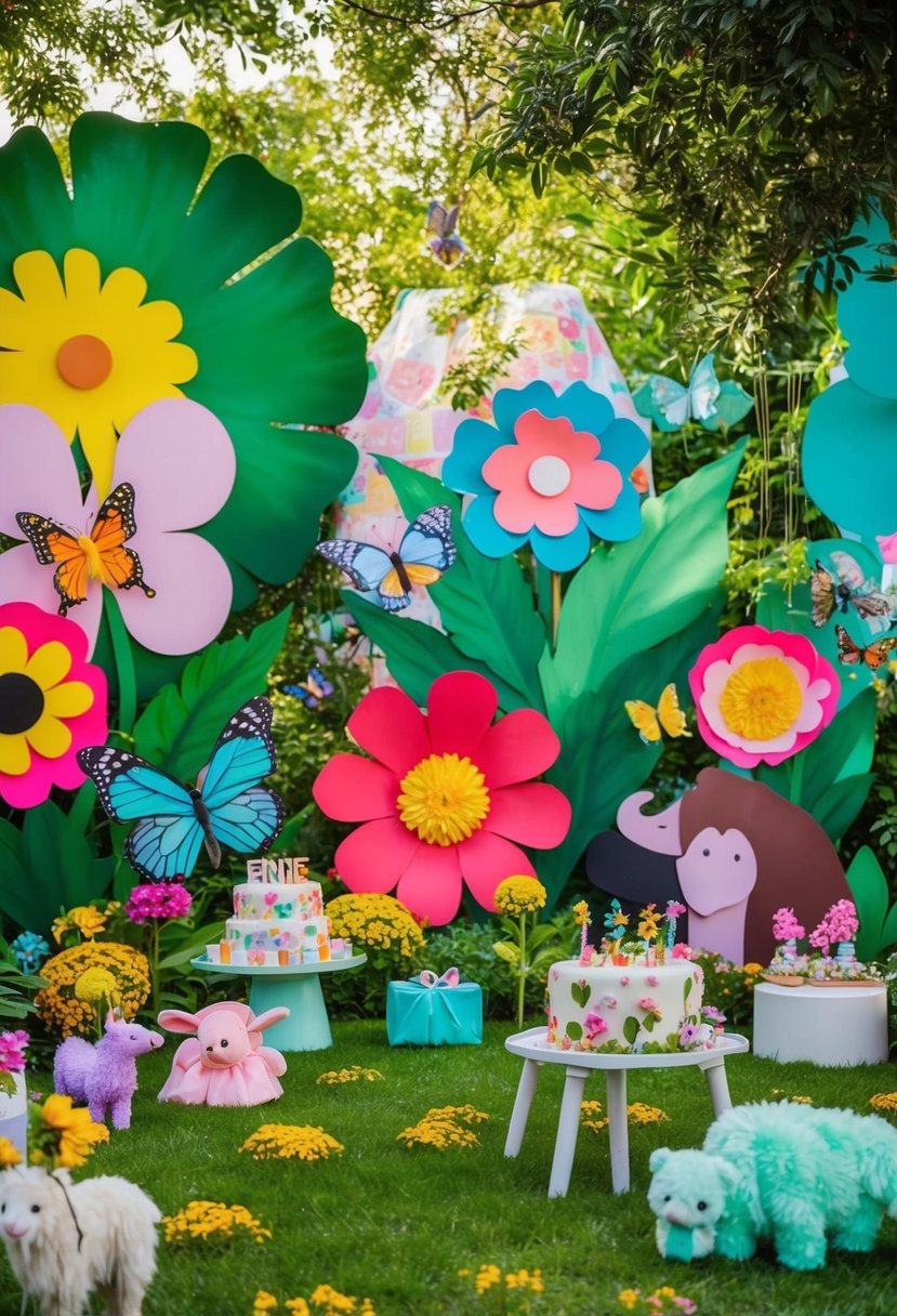 A whimsical garden scene with oversized flowers, butterflies, and animals for a 2nd birthday party