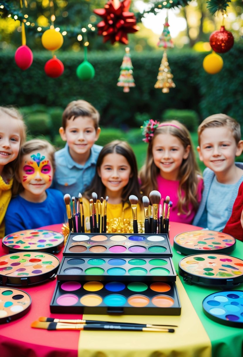 A colorful array of face paint palettes and brushes on a decorated table in a garden setting, surrounded by happy children and festive decorations