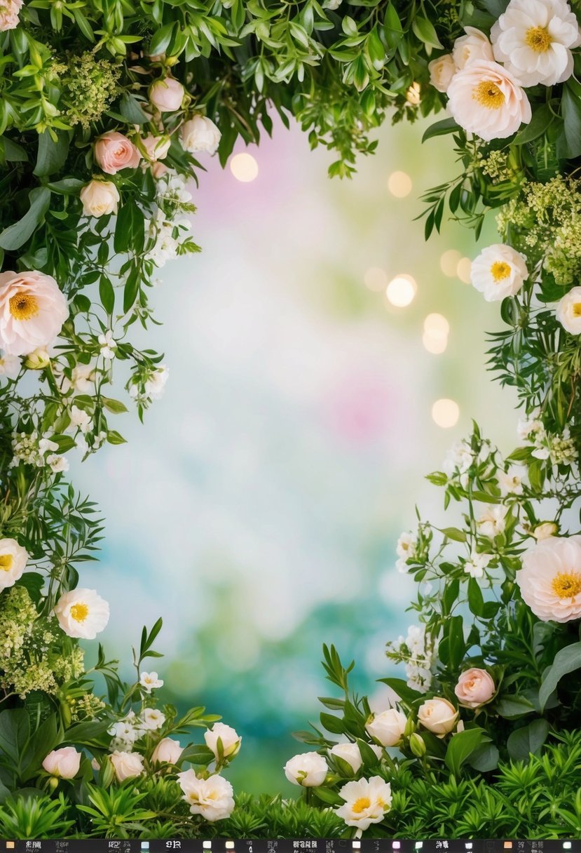 A lush garden with blooming flowers and greenery, set against a soft watercolor backdrop, with space for text