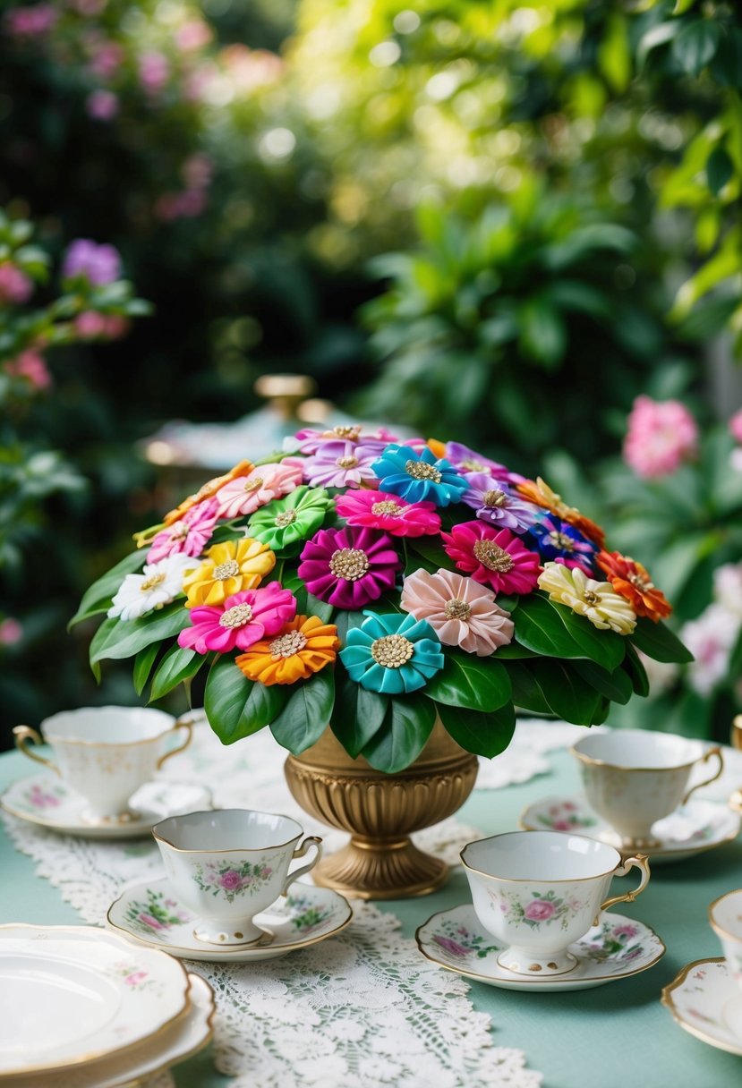 A lush garden setting with an array of colorful silk floral hairpins scattered on a table, surrounded by elegant tea cups and delicate lace linens