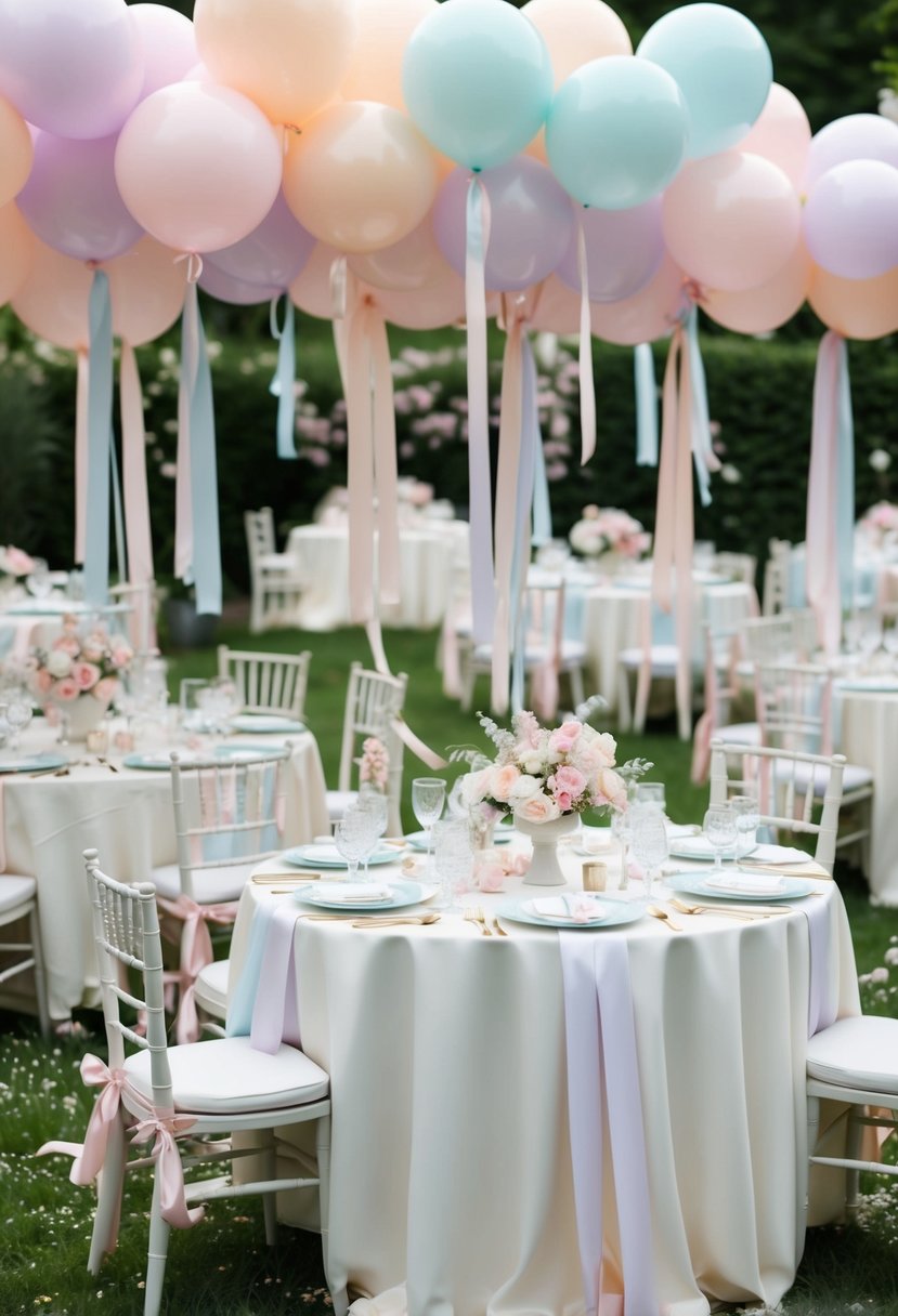 A garden filled with pastel balloons, draped in soft ribbons, and scattered with delicate flowers. Tables adorned with elegant centerpieces and dainty tea sets