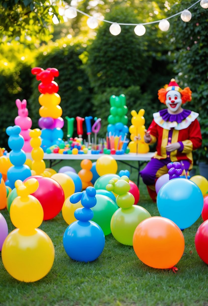 Colorful balloon animals scattered around a lush garden party, with a table of twisting tools and a smiling clown entertainer