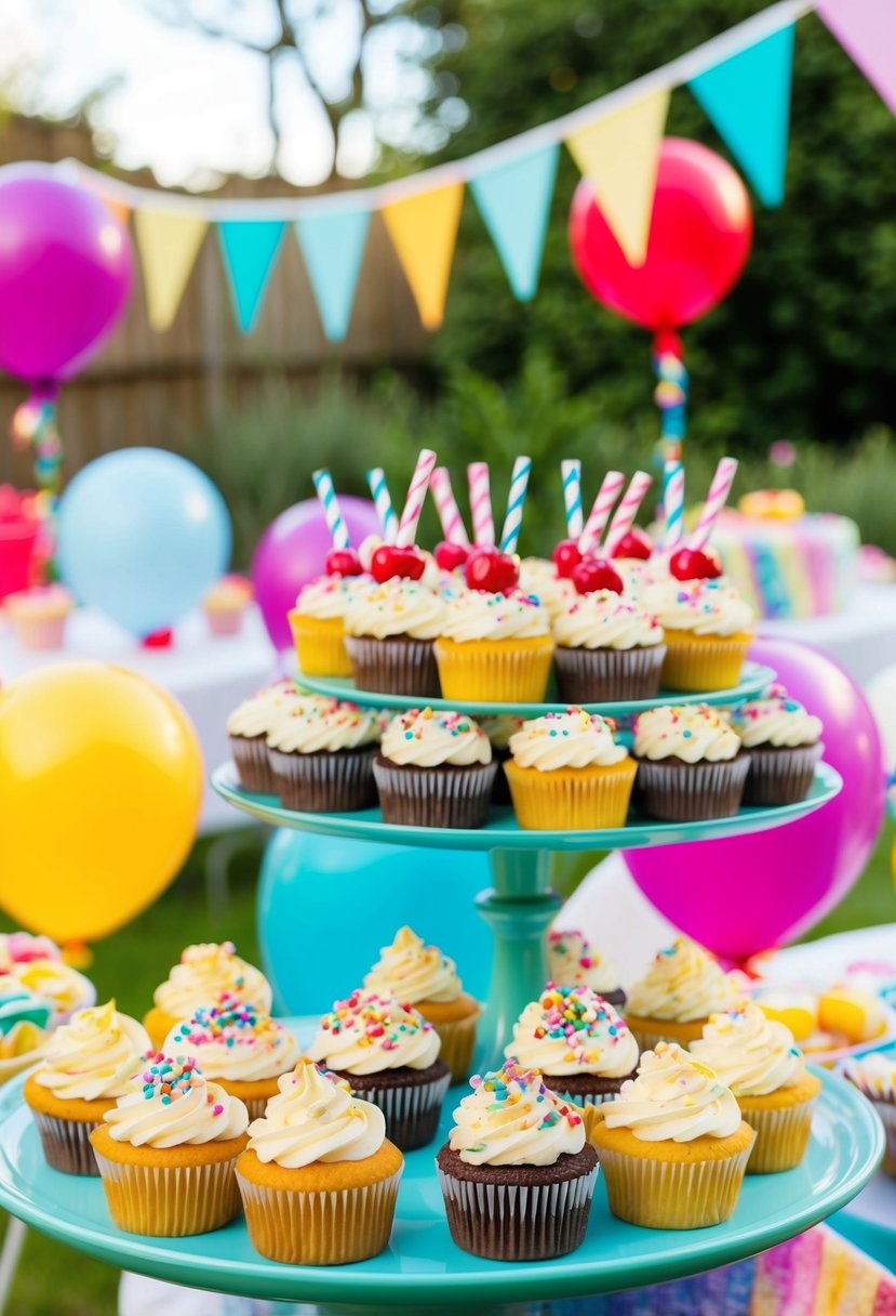 A colorful outdoor garden party with a table filled with cupcakes, sprinkles, frosting, and decorative toppings. Balloons and bunting add to the festive atmosphere