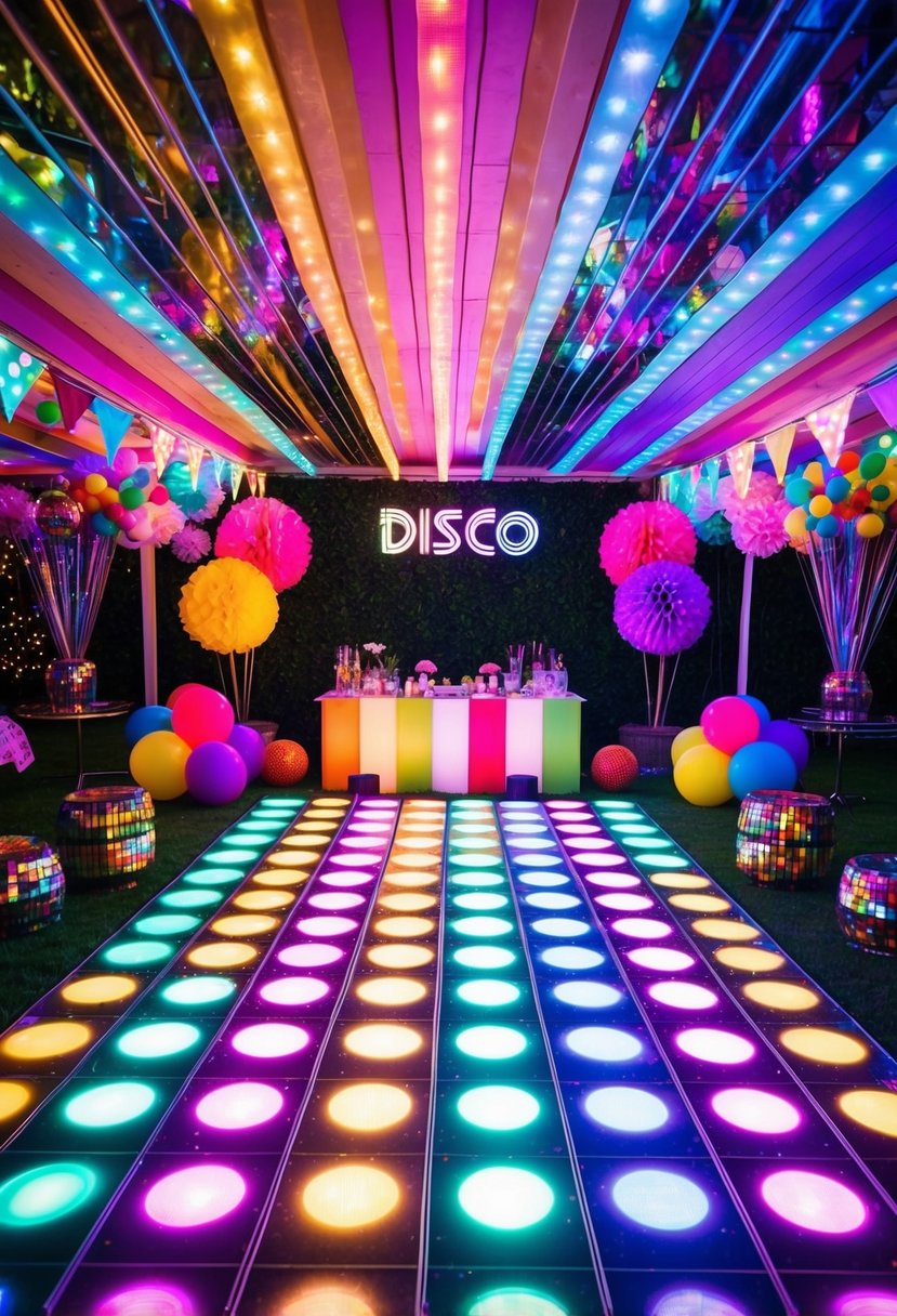 A colorful disco light-up dance floor surrounded by retro 70s garden party decor and vibrant disco-themed props
