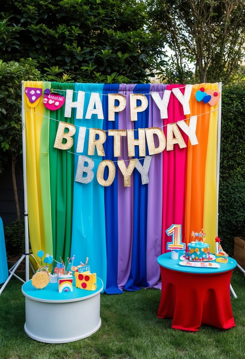 A colorful photo booth with props set up in a garden, ready for a 1st birthday boy's party
