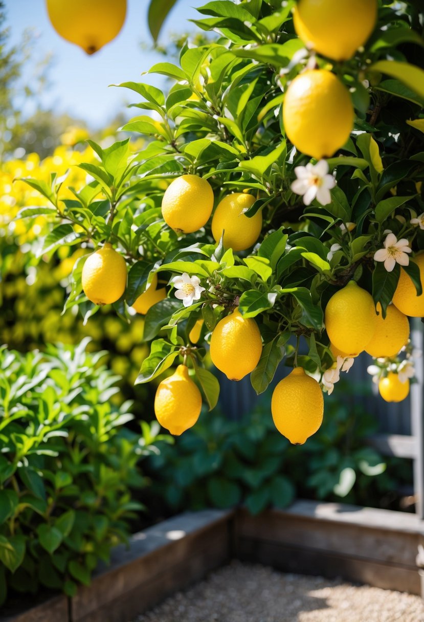 A sunny garden with a lemon tree, surrounded by vibrant yellow and green foliage, adorned with hanging lemons and blossoms