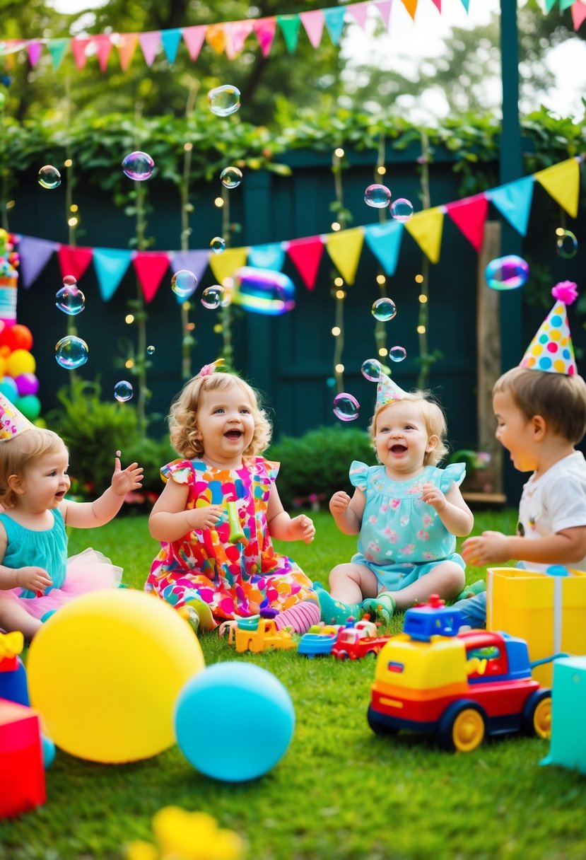 A colorful garden with a bubble machine, surrounded by festive decorations and toys, as children play and laugh at a 1st birthday party
