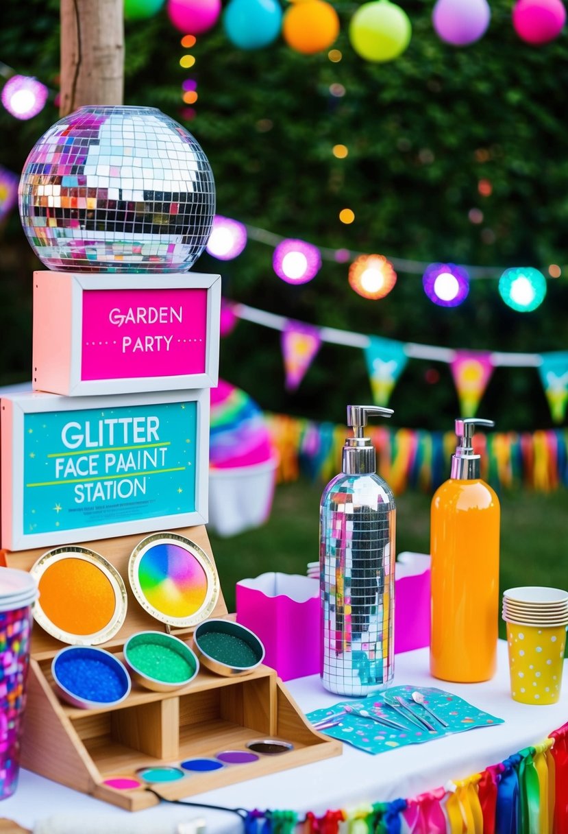 A vibrant garden party with a glitter face paint station, disco lights, and 70s decor