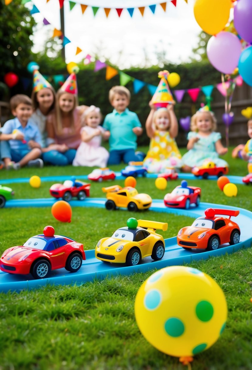 Colorful toy cars race around a garden track, surrounded by festive decorations and birthday balloons. A joyful atmosphere fills the air as children and families gather to celebrate a 1st birthday