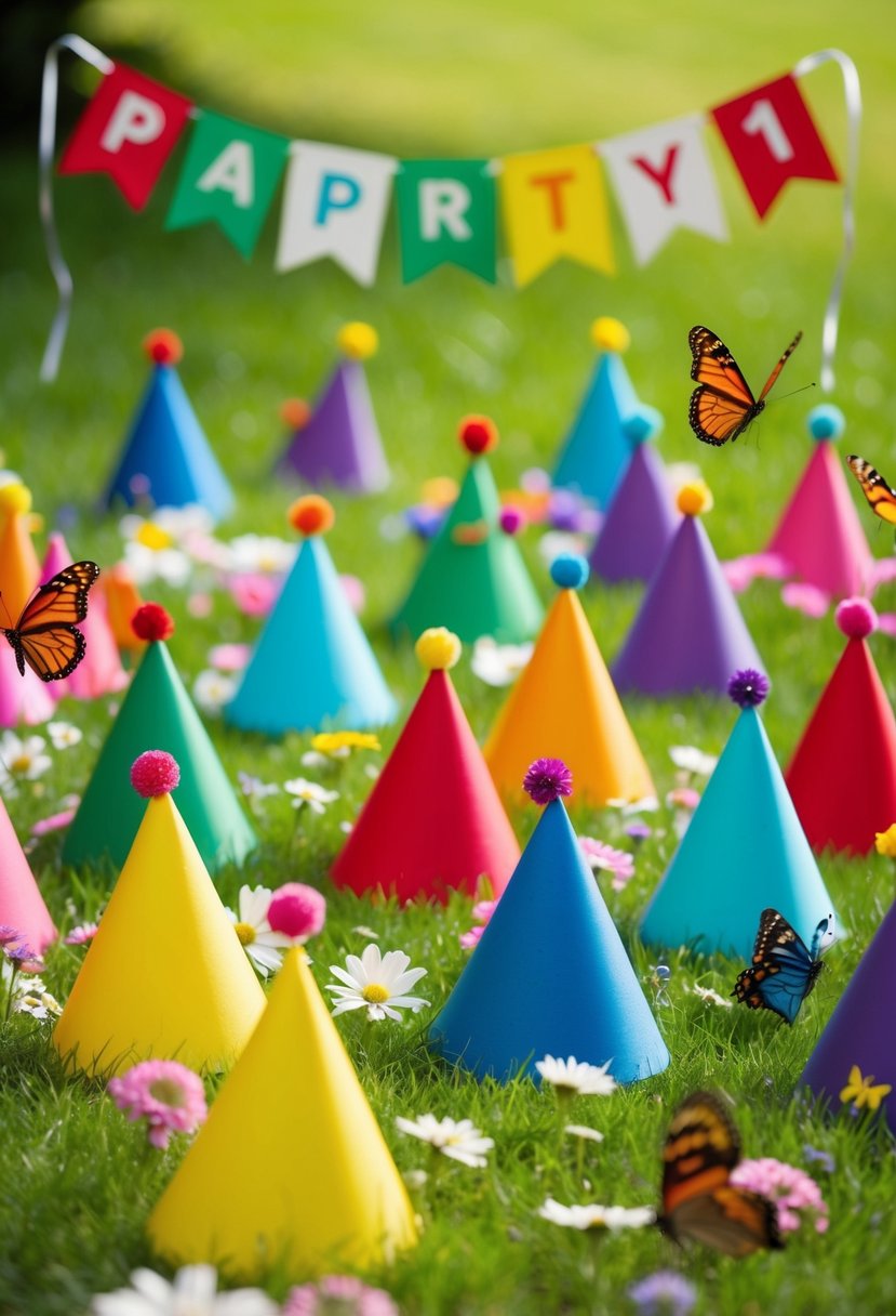Colorful party hats scattered on a grassy lawn, surrounded by blooming flowers and playful butterflies. A banner with the number "1" flutters in the breeze