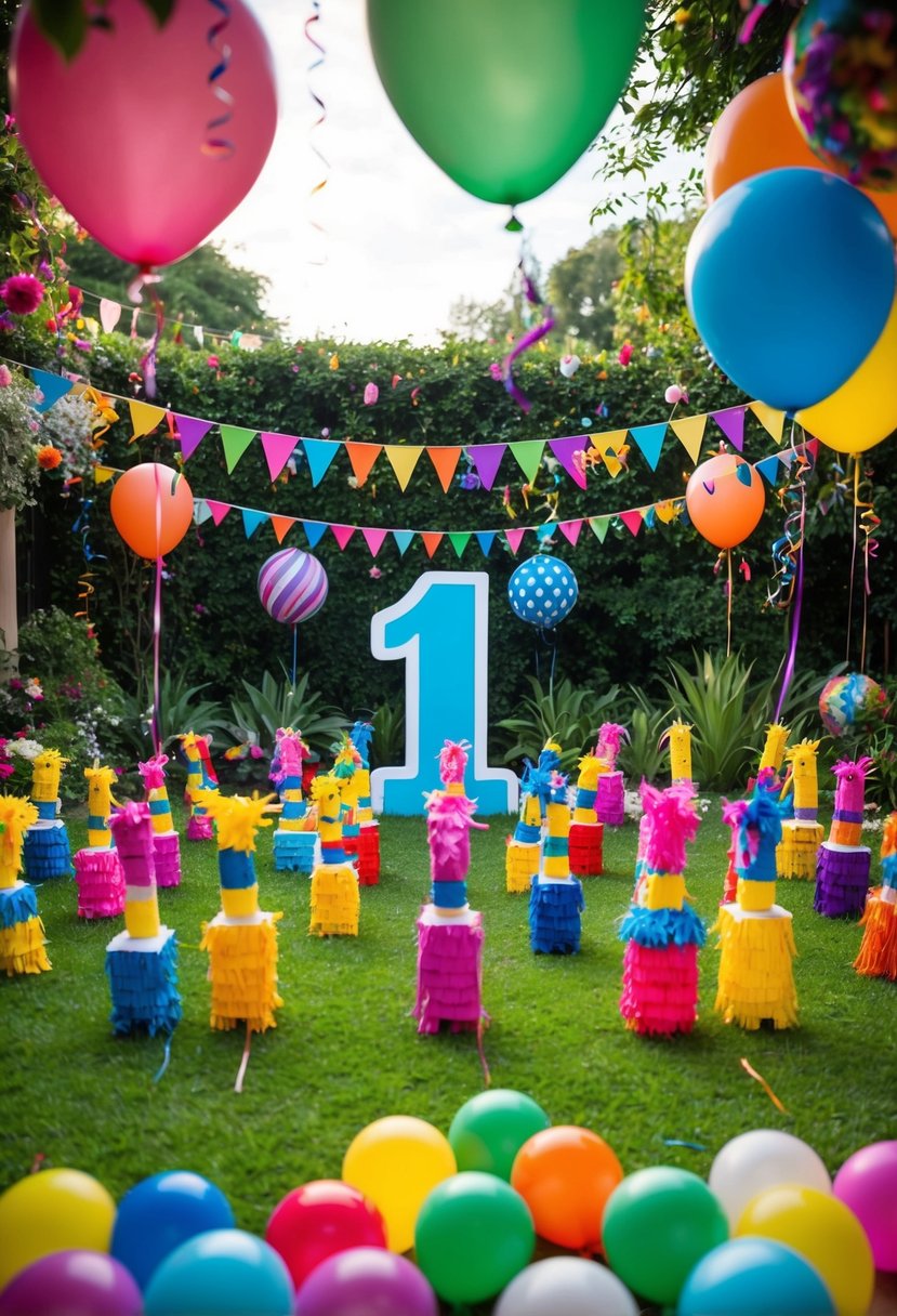 A colorful garden filled with piñatas of various shapes and sizes, surrounded by festive decorations and balloons, with a large "1" piñata in the center