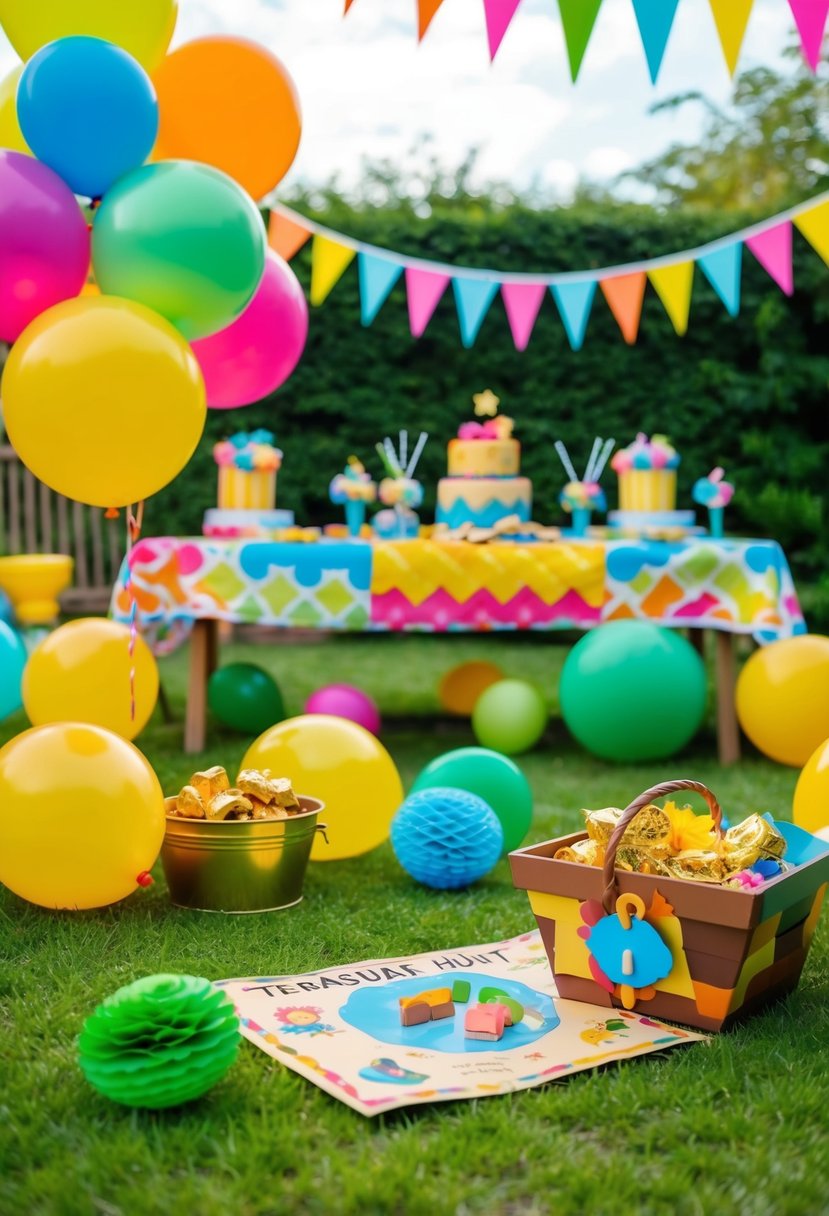 A colorful garden party with a treasure hunt theme, featuring a mix of playful decorations, balloons, and a treasure map leading to hidden treats
