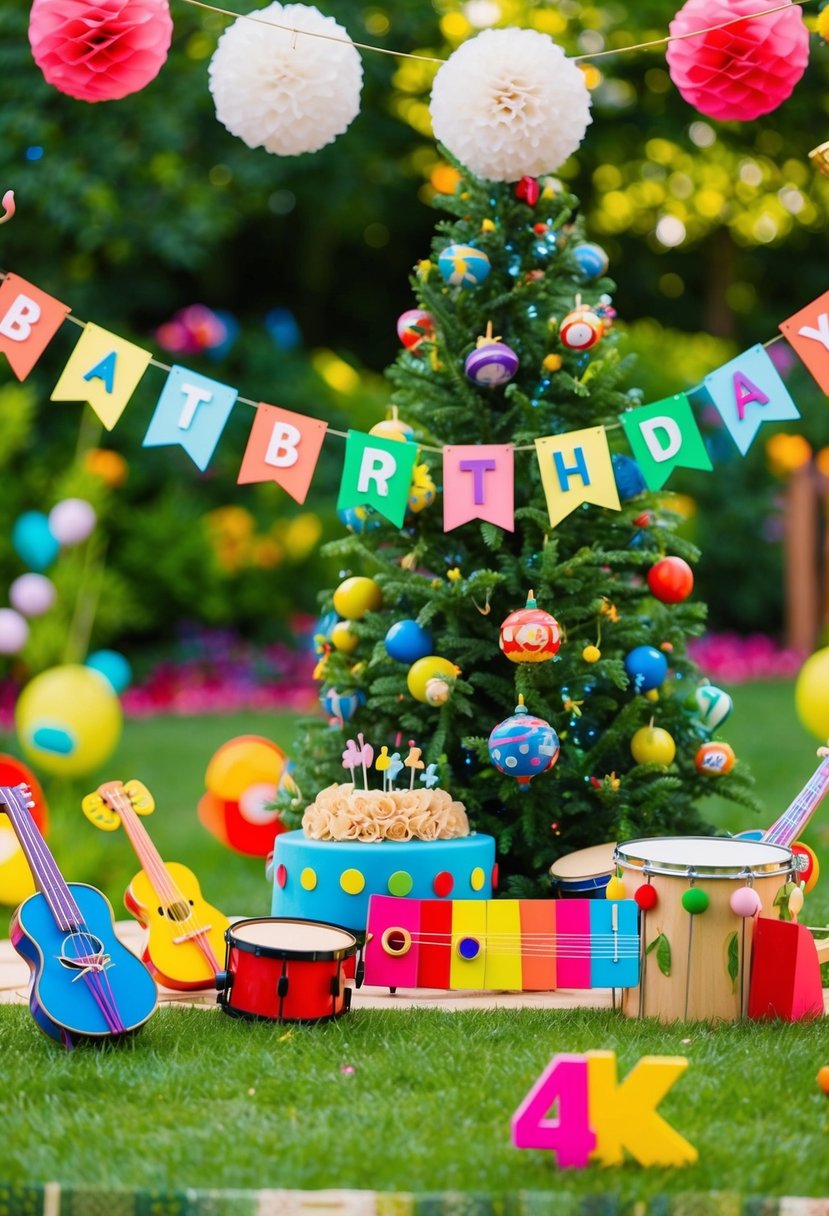 A lively garden party with colorful musical instruments, a storybook tree, and festive decorations for a 1st birthday celebration