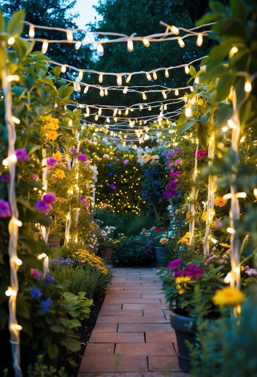 A garden adorned with twinkling fairy lights woven through colorful flowers and foliage, creating a whimsical and enchanting atmosphere
