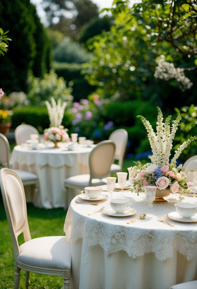 A charming vintage tea party in a lush garden, adorned with delicate lace tablecloths, floral centerpieces, and elegant teacups and saucers