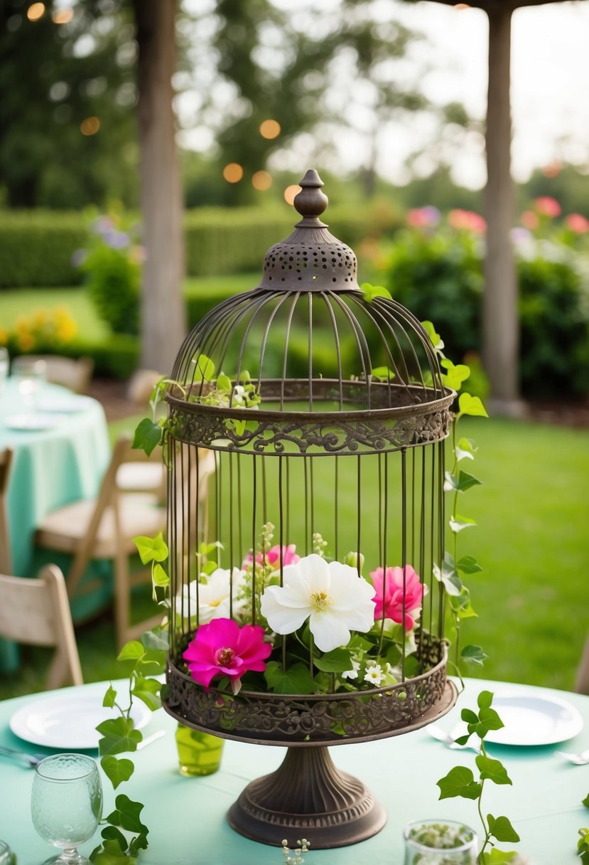 A vintage birdcage, adorned with blooming flowers and trailing ivy, sits as a centerpiece on a garden-themed party table