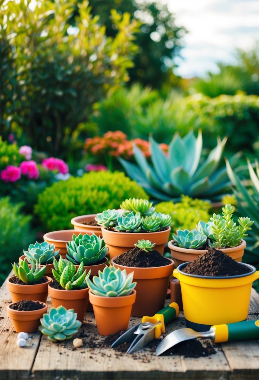 A colorful array of succulents, pots, soil, and gardening tools arranged on a rustic table in a lush garden setting