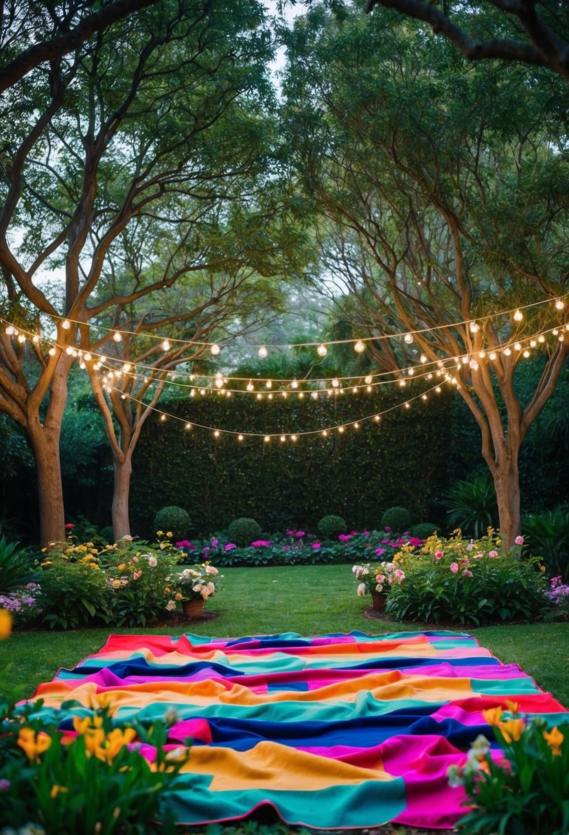 A lush garden with colorful blankets spread out under a canopy of trees, surrounded by blooming flowers and twinkling string lights