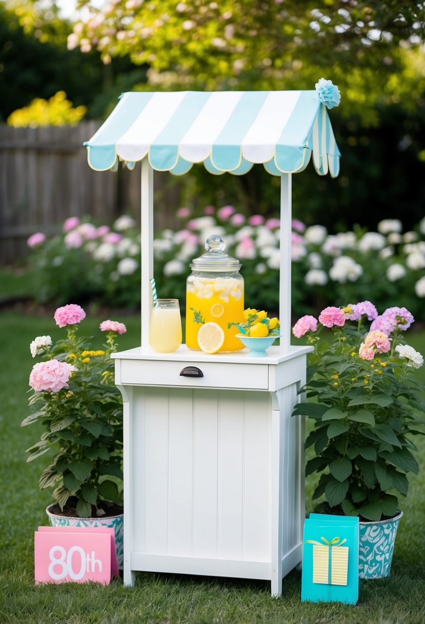 A quaint lemonade stand surrounded by blooming flowers at an 80th birthday garden party