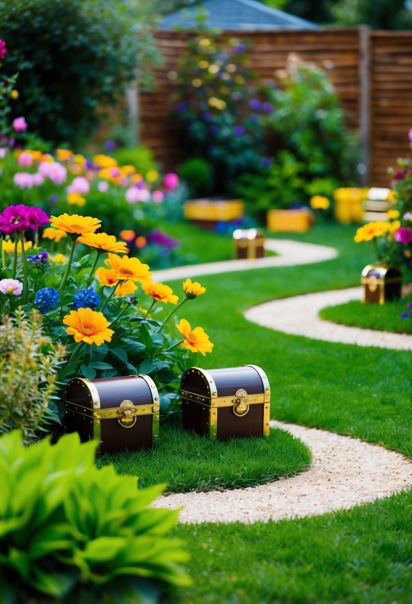 A lush garden with colorful flowers, hidden treasure chests, and winding paths for an 80th birthday treasure hunt