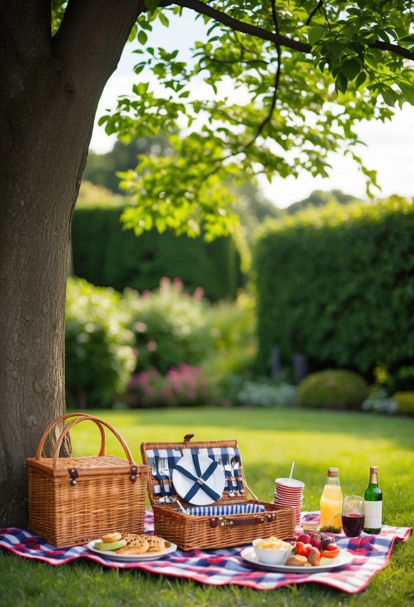 A cozy picnic set up with a checkered blanket, wicker basket, and assorted food and drinks under a leafy tree in a lush garden
