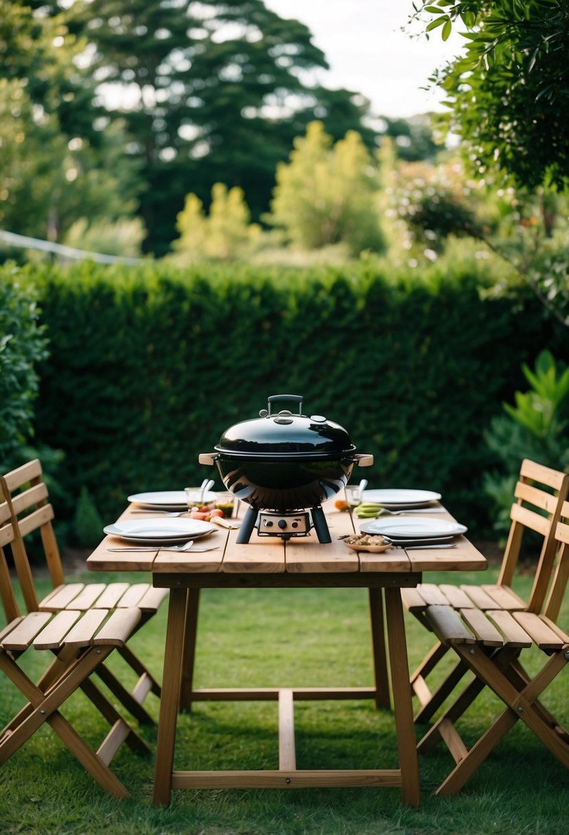 A small BBQ grill sits on a wooden table in a lush garden, surrounded by three chairs. Plates, utensils, and food are laid out for a cozy party
