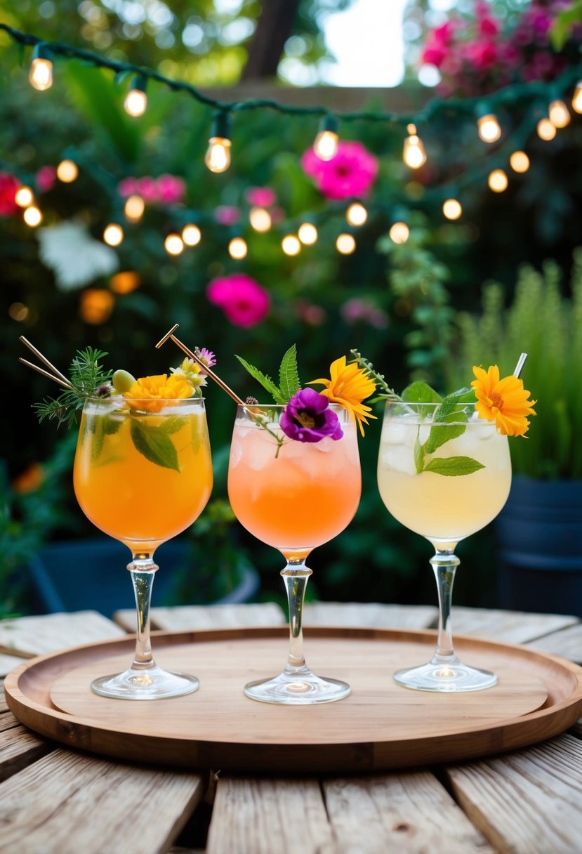 Three elegantly garnished cocktails on a wooden table in a lush garden setting, with a backdrop of hanging fairy lights and colorful flowers