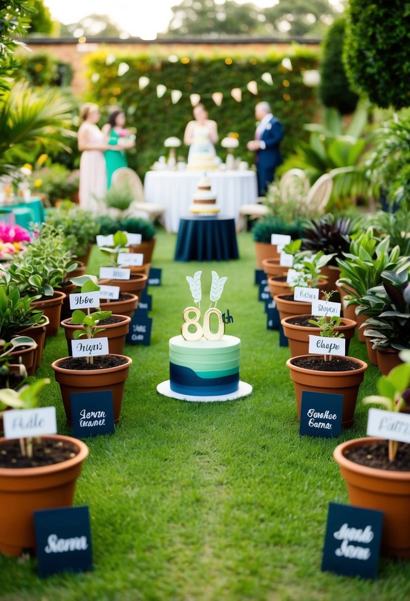 A lush garden with potted plants, each labeled with a guest's name, arranged around a central 80th birthday party setup
