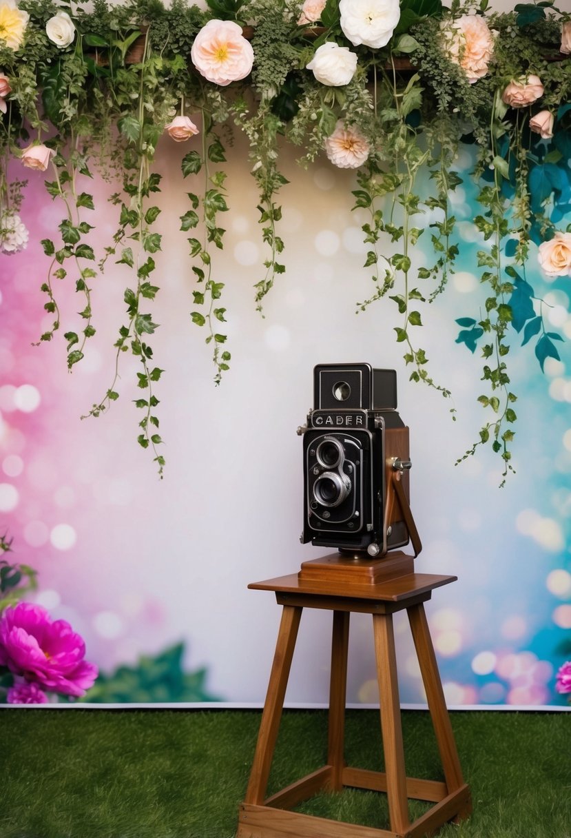 A whimsical garden-themed photo booth with floral backdrops, hanging vines, and a vintage camera on a wooden stand