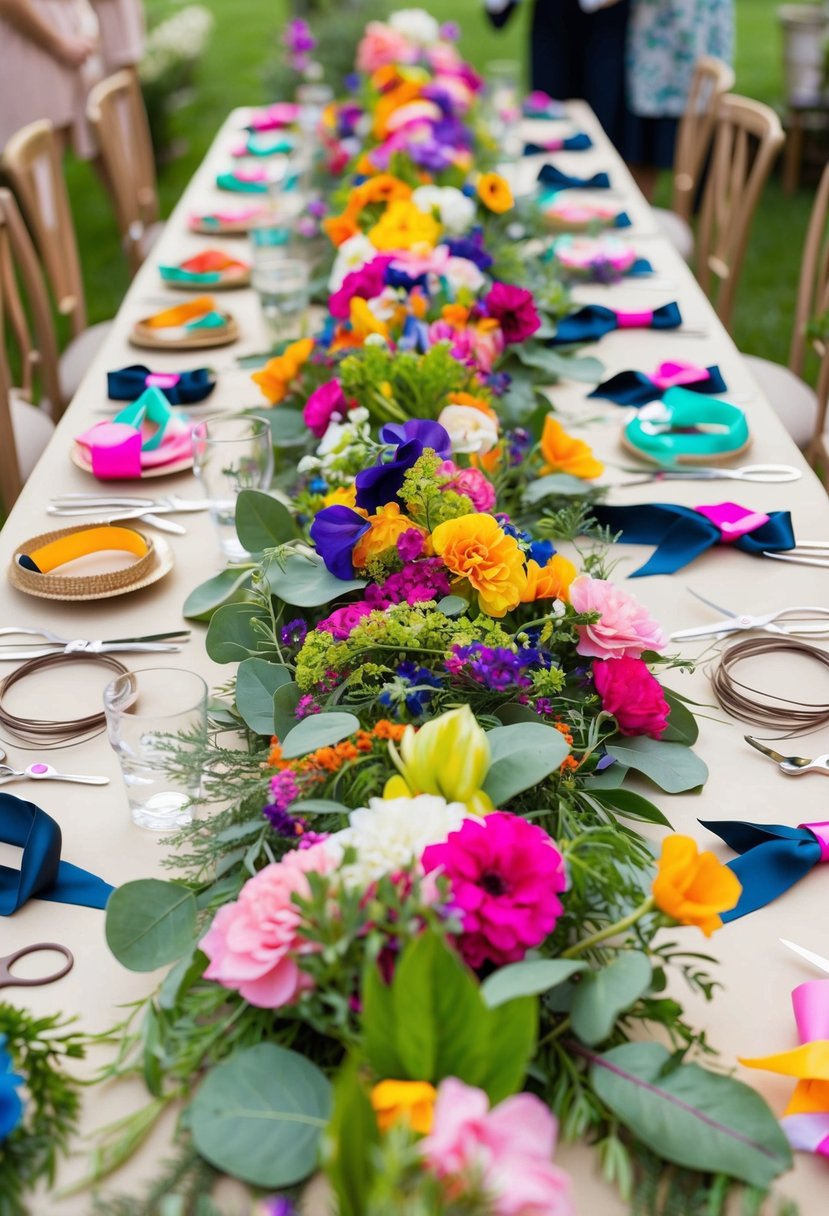 A table adorned with an array of colorful flowers, ribbons, and greenery. Scissors, wire, and headbands are neatly arranged for guests to create their own flower crowns at the 90th birthday garden party