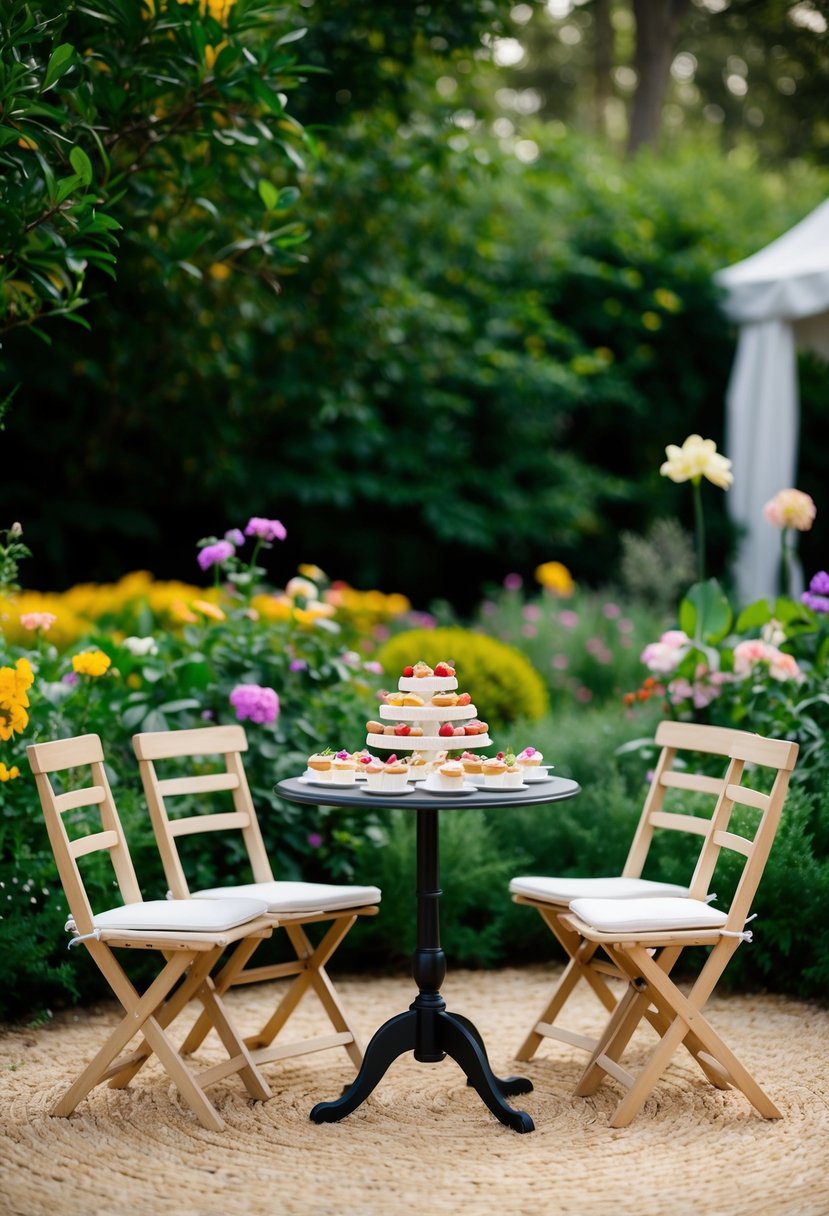 A small table set with an array of tiny desserts, surrounded by lush greenery and colorful flowers, with three chairs arranged for a cozy garden party