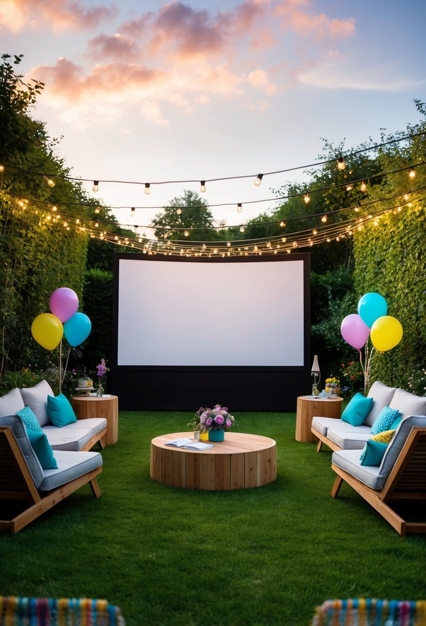 A garden party with a large outdoor movie screen, surrounded by string lights, colorful balloons, and comfortable seating for a 90th birthday celebration
